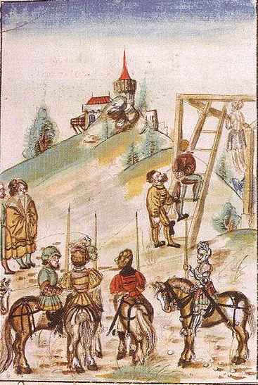 Exécution de Vratislav de Mecklembourg par Henri le Lion - Chronique de Saxe de Georg Spalatin - vers 1530